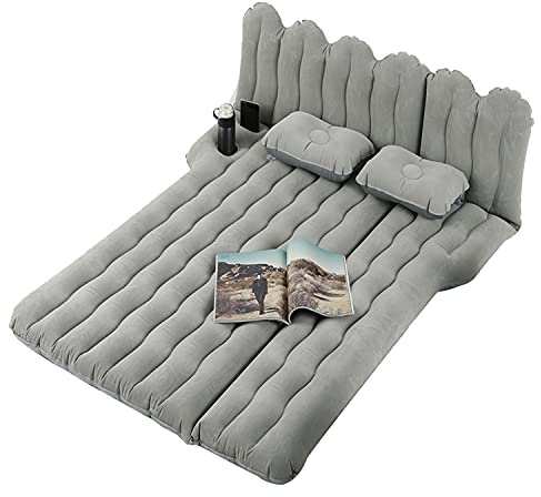 Byomostor SUV Air Mattress with Cup & Phone Holder, Flocked-Top Inflatable Car Mattress with Two Air Pillows & Electric Air Pump, Ideal SUV Mattress for Camping, Travel, and Road Trips (Grey)