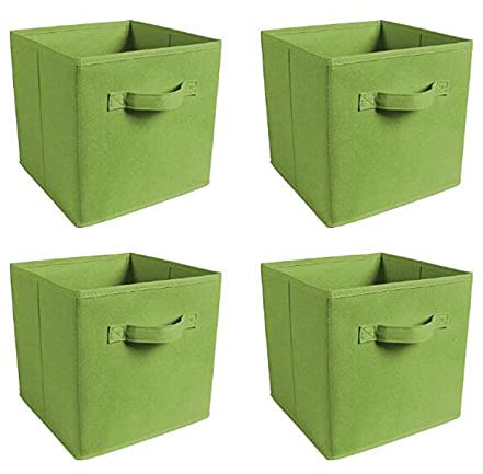 Set of 4 Foldable Cube Storage Boxes Collapsible Linen Fabric Clothing Shelf Basket Bins Toy Box Home Office Organizer (Green)