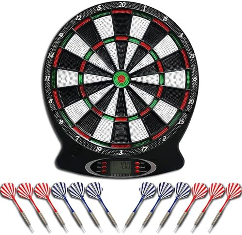 Brovamo Dartscheibe Elektronisch, Elektronische Dartscheibe mit 12 Dartpfeile & 30 Ersatzspitzen, E Dartscheibe mit Stimme & LCD-Display, Dart Scheibe Batteriebetrieb, Elektrische Dartscheibe
