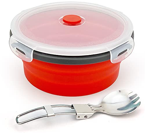 1200ml faltbarer Lebensmittelbehälter mit luftdichtem Deckel, Silikon-Campingschüssel, mit faltbarem 2-in-1-Löffel, platzsparend, tragbarer Silikon-Lunchbehälter, gut für Mikrowellen-Gefrierschrank