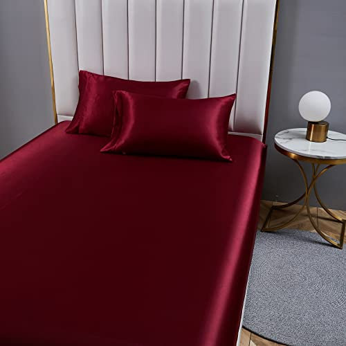 Spannbettlaken 140x200cm Rot Weinrot Satin Bettlaken Boxspringbett Topper Frottee Glänzend Seide Spannbetttuch Leintuch Uni Muster Spannleintuch für Hohe Matratze bis 25-30 cm