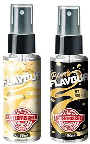 ShinyChiefs FLAVOUR BOMB Set - Autoduft-Set mit Vanille und No1-Geruch - Premium Lufterfrischer und Auto Parfüm für den Innenraum, neutralisiert Gerüche, hochergiebig, Pumpsprühflasche, 50ml