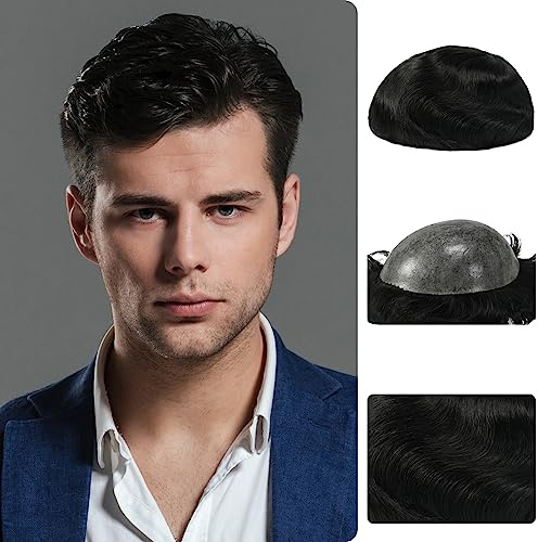 Zakya Capelli umani Toupet da uomo, 100% capelli veri, per uomo, sistema di ricambio per capelli, dimensioni base 20 x 25 cm (Nero Naturale 1A#)