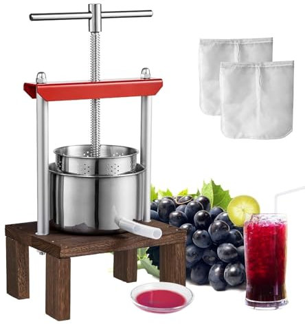 Fruit Wine Press 0.53 Gallon 2L Stainless Steel Barrels Manual Juice Maker Cider Apple Grape Tincture Vegetables Honey Olive Oil Making Press T-Handle Stable Base Kitchen Home Brewing