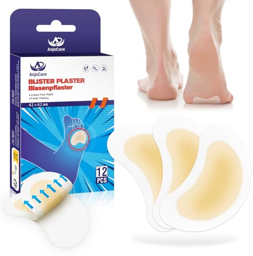 AnjoCare Vendas para Ampollas en los Pies, 12 Vendas Invisibles de Gel Hidrocoloide, Parches Impermeables para Ampollas en los Dedos de los Pies, Prevención y Recuperación de Ampollas en el Talón