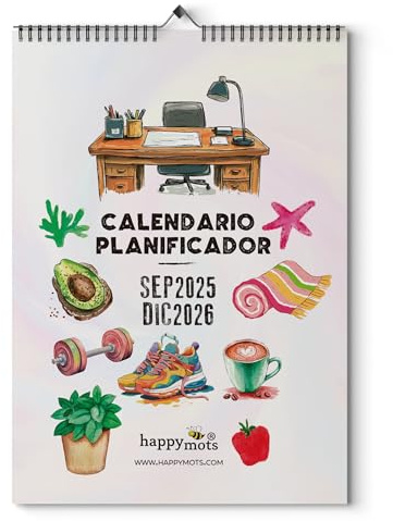 HappyMots Calendario Pared 2025/2026 A3 | Diseñado para Organizar tu Vida con Estilo | 16 Meses Calendario 2025/2026 Pared español | Espacio Diario y Gran Visibilidad | Perfecto para Organizarte
