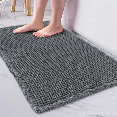 WONGS BEDDING Badezimmerteppich 60x40 cm, Super Saugfähige rutschfest Badematte, Waffel Badvorleger Waschbar für Dusche,Badewanne und Toilette