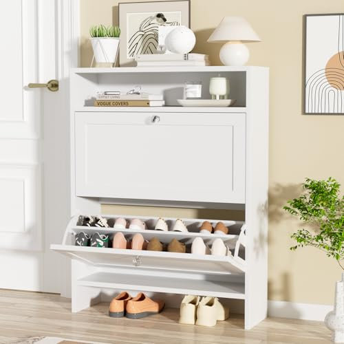 VOWNER Schuhschrank mit 2 Klappen, Schuhregal Schuhkipper Schmal, mit 4 Fächern, Schuhschrank Weiss, Verstellbar, Anti-Kipp-Vorrichtung für Eingangsbereich, Flur, 80 x 24 x 108 cm