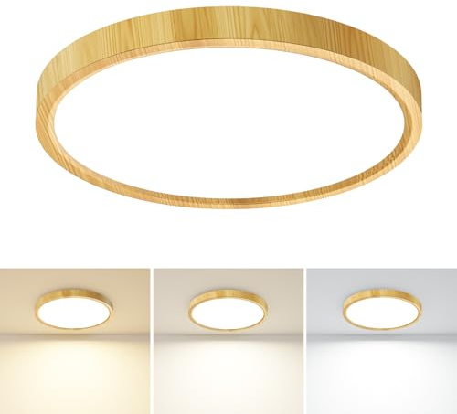 slochi Bathroom Light, 3000K/4000K/6500K 3 Color Temperature, Waterproof IP44, Small, Round, Modern, Flush Ceiling Light for Bathroom, Kitchen, Bedroom, HallwayØ18CM(Wood)