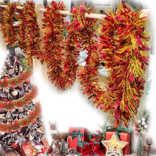 Brillante Espumillón,4 pcs x 2 m Espumillón y Guirnalda de Oropel de Navidad,Oropel de Navidad Decoración,Árbol Decoraciones De Fiestas Navideña (Rojo)