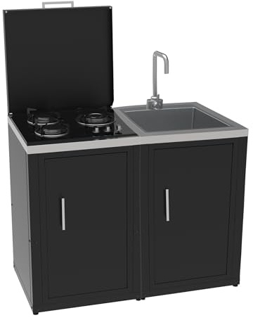 SOLEILUX Set Cucina da Esterno a Gas 2 Elementi con Lavello Rubinetto e tagliere incassato - Struttura in Acciaio e Piano in Acciaio Inox - Nero