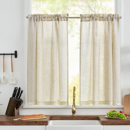TOPICK Lace Kitchen Curtains, Crude Linen Look Cafe Curtains, W26 xL45 | Light Filtering Privacy for Small Windows, Basement, Laundry Room, Sink, Solid Pattern, Rustic Style, Rod Pocket, 2 Panels