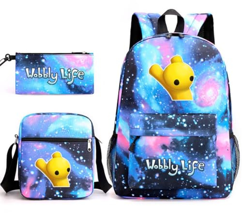 Axolotl Kids Wobbly Life Backpack Shoulder Bag Pencil Case 3PCS Set Boys Wobbly Life Casual Daypacks (Starry Blue,3pcs)