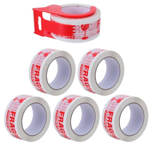 ELAYARD Set da 6 Pezzi Nastro da Imballaggio Fragile con Dispenser Rosso, Adesivi Fragili per Spedizione, Etichette di Imballaggio per Scatole da Trasloco, Kit per Protezione