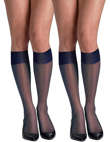 Hanes Silk Reflections Reinforced Toe Silky Sheer Knee-High Stockings, Classic Navy, One Size (Pack of 2)