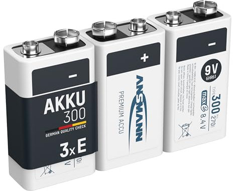 ANSMANN Akku 9V Block Typ 300mAh NiMH 3 Stück mit geringer Selbstentladung - Wiederaufladbare Batterien maxE mit hoher Kapazität - 9 Volt Batterie für Messgerät Multimeter Spielzeug Fernbedienung