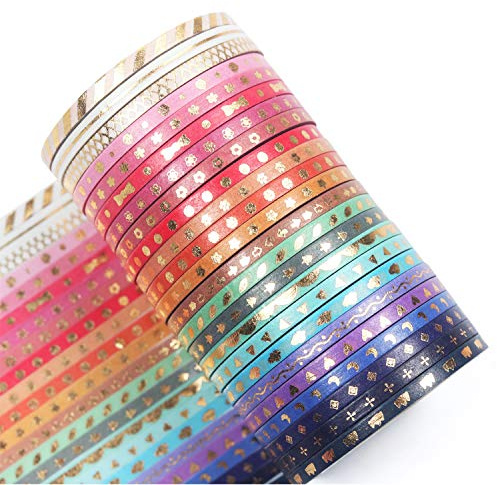 YUBBAEX Skinny Washi Tape Gold Foil Decorative Tapes 3MM Wide for DIY Craft, Bullet Journals, Gift Wrapping, Scrapbooking (Gold Foil Skinny 24)