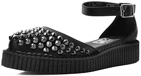 T.U.K. Black TUKskin Pointed Studded Sandals for Women, Low Platform Creeper Ankle Strap Sandal, US 6 Women