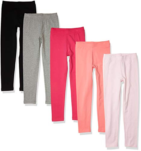 Amazon Essentials Legging Fille, Lot de 5, Gris Chiné/Noir/Pêche/Rose Clair/Rouge, 7-8 ans