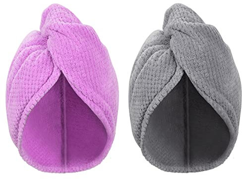 Fuawoke 2 Stück Haarturban Mikrofaser Schnelltrocknend, Turban Handtuch mit Knopf Superabsorbierender, Haartrockentuch 25x70 cm für Lange und Dicke Haar (Lila&Grau)