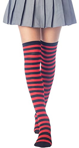 iB-iP Femme Bas Sportifs Longs Rayures Rouge Noir Haute Cuisse, Taille: Taille unique, Noir