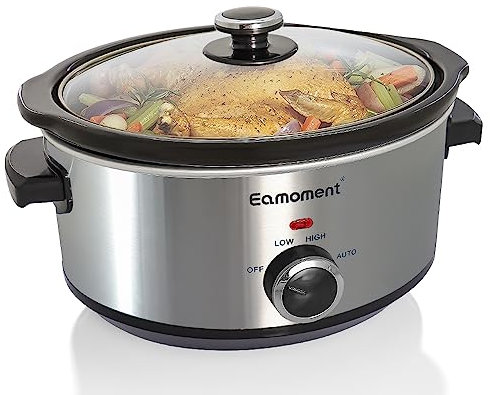 Eamoment Slow Cooker, 3,5 Liter Edelstahl Schongarer mit Keramiktopf, Einstellbare Temperatur, Spülmaschinenfester Keramiktopf und Deckel aus Gehärtetem Glas, 200W