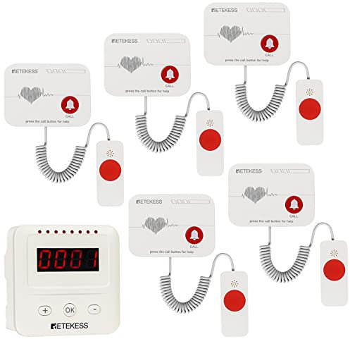 Retekess TH106 Sistema di Allarme, Pulsante Antipanico per Anziani, Distanza di Chiamata di 80 m per Case di Cura (1 Allarme e 5 Chiamate)