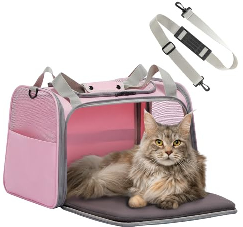 Petsfit Sac de Transport pour Chat et Petit Chien - Sac Transport Chat Léger avec Matelas Extensible et Sangle de Sécurité, Pliable et Aéré (L/Rosa)
