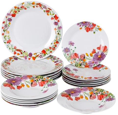 Baroni Home Service d'Assiettes 18 Pièces en Porcelaine et Grès, Servi de Table Colorée pour 6 Personnes, Assiette Creuse, Assiette, Fruits ou Sucré, Fantaisie Coquelicots
