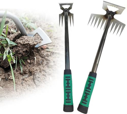 XPJBKC Désherbeur Manuel, 2 Pièce Arrache Mauvaise Herbe Jardinage, Râteau de Désherbage avec Poignée, Outil Desherbage en Métal pour Une Utilisation dans les Jardins, Terrasses, Pelouses