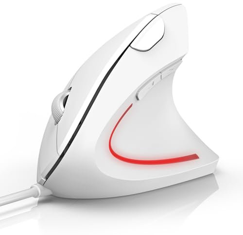 TECKNET Ergonomische Vertikale Optische Maus, Vorbeugung Gegen Mausarm/Tennisarm, 6400 DPI 6 Tasten, LED-Beleuchtung, PC Maus mit USB Kabel für Rechtshänder, Windows und Mac OS - Weiß