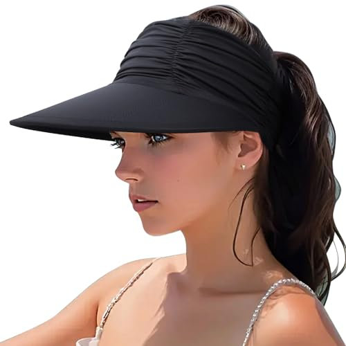 DRESHOW Damen Visor Sonnenhut Breite Krempe Hut Einstellbar Faltbarer Pferdeschwanz Strandhut Sommer UV Schutz Außen Hut UPF 50+