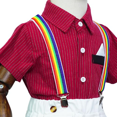 Set di papillon per ragazzi con bretelle elastiche a Y con clip forti per bambini, bretelle regolabili per bambini dai 1 ai 14 anni, Strisce arcobaleno chiaro, Taglia unica