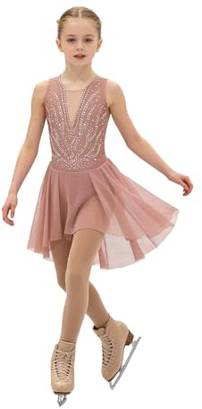 Hansber Robes De Patinage Artistique Filles Strass Paillettes Robe De Danse sans Manches Body Danse Patchwork Maillot Justaucorps avec Jupe en Chiffon #6-16 Ans Rose poudré 13-14 Ans