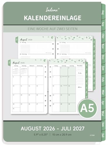Indeme Wochenplaner 2026 2027 Einlage A5, 1 Woche 2 Seiten mit Tabs, Monatliche Seite 14x21cm, Kalendereinlagen 6 Löcher, Doppelfarbiges Design