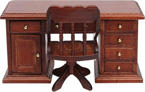 Set di scrivania e sedia in legno per casa delle bambole in scala 1/12, mobili da ufficio in miniatura, accessorio da tavolo per computer, accessori per la casa delle bambole di simulazione di