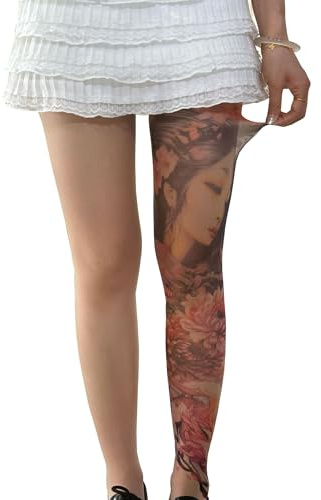 GSJDKN Medias para mujer Tatuajes Estampados Medias con costuras transparentes y encantadoras Leggings finos Pantimedias Medias, leggings, atuendos para fiestas y conciertos (D)