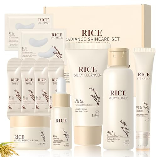 Riso Kit Skincare Viso Completo, Skincare Coreana Kit, Set skincare viso Completo con Detergente viso, Maschera Coreana, Maschera Occhi,Rice Toner, Crema Visos, Contorno Occhi, Siero Visos, 11 Pezzi