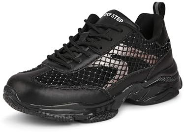 LUCKY STEP Women's Fashion Rhinestone Platform Sneakers Bling Tennis Casual Breathable Walking Shoes Trendy Bedazzled Wedding Bridal Party Footwear(Black,9)