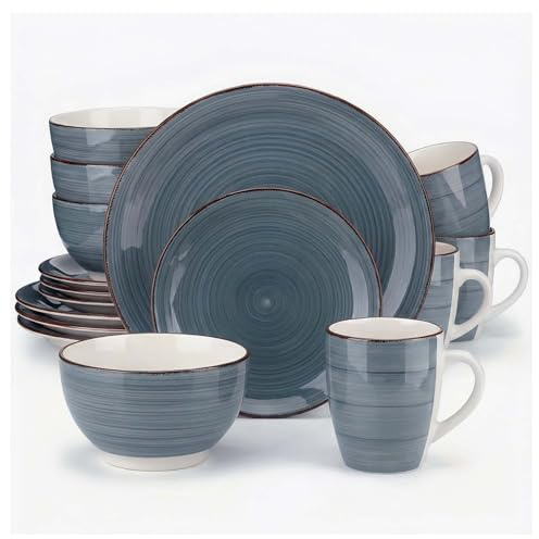 Alivio 16-Piece Porcelain Dinner Set, Lead-Free Blue Glaze Dinnerware Set for 4, Microwave & Dishwasher Safe Plates, Bowls & Mugs (Grey)