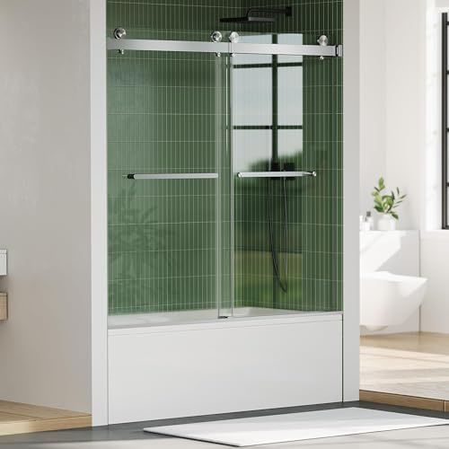 Sliding Shower Door, 60 inch W×59 inch H Glass Shower Door with Stainless Steel Frame, Double Sliding Panels, Brushed Finish, for Bathtub and Bathroom Use