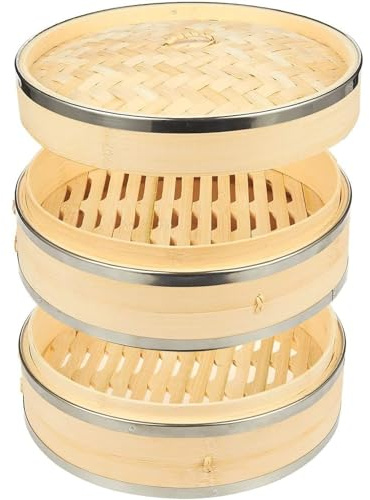 Juvale 2-Tier Steamer Pot Insert with Steel Rings - 10 x 6.5, Beige - Bamboo & Steel Stackable Basket for Rice & Dumpling Steamer for Vegetables