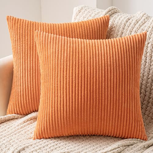 MIULEE Set of 2 Corduroy Cushion Cover 45x45 Orange Sofa Cushions | Pillow Cases Sofa Modern Soft Decorative Couch Cushions With Hidden Zip
