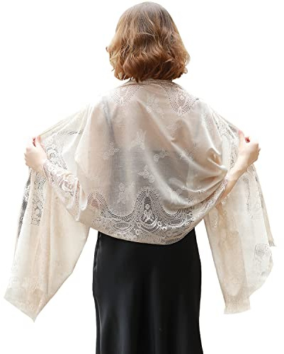 RIIQIICHY Chale Femme Fête Etole Mariage Bal Floral Dentelle Mesh Beige Echarpes et Foulards avec Frange