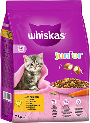 Whiskas Junior Trockenfutter Huhn, 7kg (1 Packung) - Katzentrockenfutter für heranwachsende Katzen - Extra kleine Kibbles für Kätzchen (2-12 Monate) - unterschiedliche Produktverpackungen erhältlich
