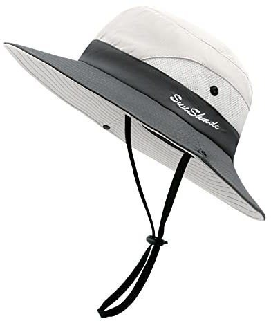 SEYUFN Damen Sonnenhut Outdoor Sommer Wanderhut Damen UV-Schutz Bucket Cap Faltbar Mesh Pferdeschwanz Breite Krempe Zum Safari Angeln (A-Grau-Beige)