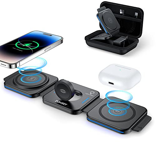 ZUMSEY 3 in 1 Wireless Charging Station for Apple, Wireless Charger for iPhone 17 Pro Max/16/15/14/13/12, Travel Wireless Charger for Apple Watch Ultra 3/11/10/9/Ultra 2/Ultra, for AirPods Pro 3/4/3/2