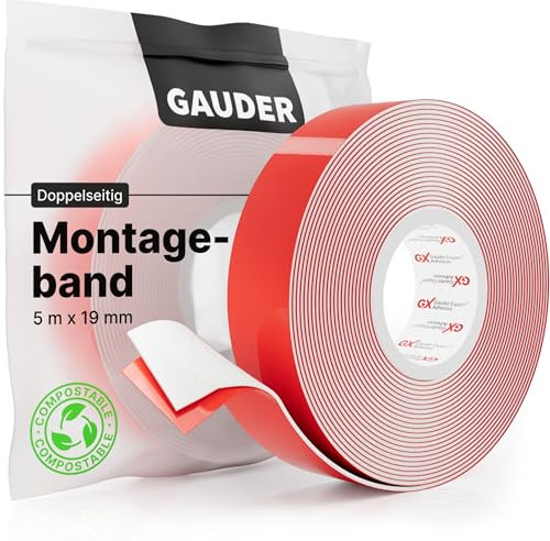 GAUDER Ruban de Montage (5 m x 19 mm) | Ruban Adhésif Double Face Extra Fort | Bande Adhésive Double Face