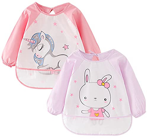 Lvjkes lätzchen mit ärmeln, ärmellätzchen baby, 2 Pack wasserdichte Baby-Lätzchen mit langen Ärmeln und einer Tasche zum Auffangen von Lebensmitteln für Kleinkinder von 2-4 Jahren, Rosa und Violet