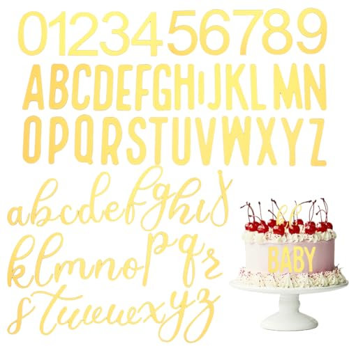 CREATCABIN 126 Pieza Números 0-9 Adornos Magdalenas Decoración de Pared Letra AZ 3D Espejo con Purpurina Decoraciones Doradas Tarjetas Inserción Pasteles Acrílico para Postres Cumpleaños Boda Fiestas